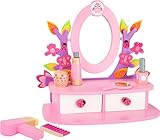kinder schminktisch holz ikea mit drehbarem Spiegel, 2 Schubladen, Fön, Haarbürste, Handspiegel, Parfümfläschchen, Shampoo-Flasche, Make-Up Tube, Lippenstift und Nagellack