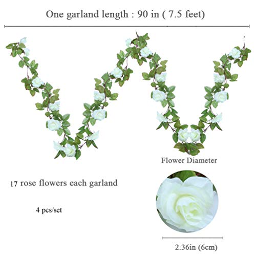 Hebe 4 Pack (29.8 Ft) Artificial Rose Vine Flowers Plants Realistic Silk Fake Flowers Garland Hanging Baskets Rose Ivy For Home Ceremony Wedding Arch Garden Indoor Outdoor Decor,Milk White #TOP3