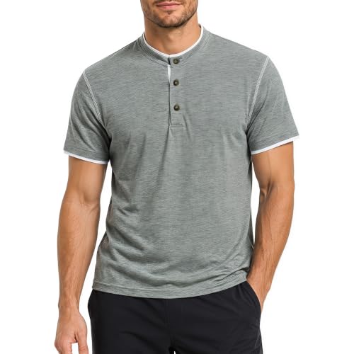 AZoiNM Mens Henley Shirts Short Sleeve Business Casual Stylish Basic Tee Summer Cotton Plain Button Henley Solid Tall Work Thick T Shirts for Men Grey