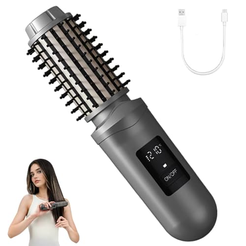 Image of SL Euthtion Cordless Hair Straightener Brush Curling Iron Rechargeable Battery-Powered, 3-in-1 Portable Hot Straightener Curling Comb 3 Temperature Settings with LCD Display