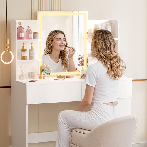 Image of YESHOMY 35.4 Inch Vanity Desk with LED Mirror&Lights Classic White