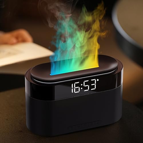Holwim Difusor de aroma com chamas e relógio digital, difusor de óleo de fragrância com efeito de luz de 7 cores, humidificador de 150 ml com controlo remoto, função de relógio, temporizador