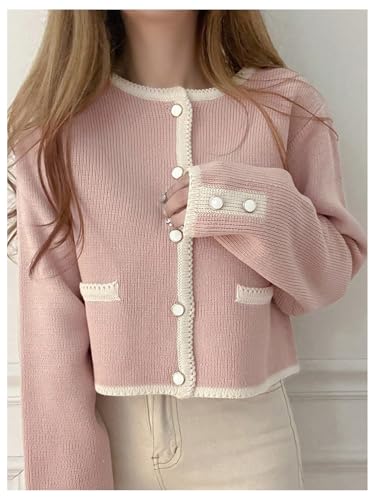 GORGLITTER Women's Button Up Cardigan Long Sleeve Open Front Contrast Binding Lightweight Fall Sweater Tops3