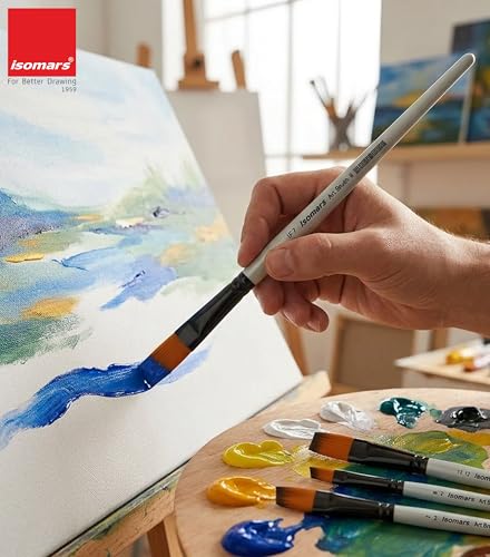 Image of Isomars Professional Flat Paint Brush Set of 7 - Synthetic Bristle Brushes for Acrylic, Watercolor, Oil, Gouache & Craft Painting | Premium Artist Brushes for Canvas, DIY Art & Mixed Media