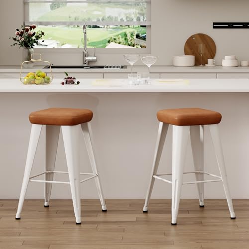Image of Yongchuang Bar Stools Set of 2, 24 inch Backless Upholstered Counter Stools with Metal Legs Modern PU Leather Kitchen Island Barstools