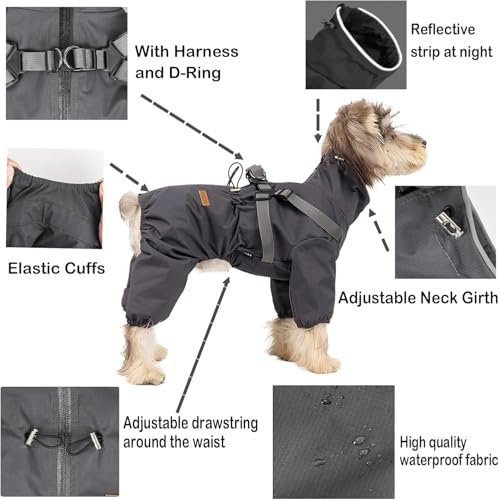 BT Bear Hundegeschirr-Regenmantel, verstellbare 4 Beine, Hunde-Regenjacke mit Geschirr, reflektierender Overall, Wasserabweisender Hunde-Regenmantel für kleine Hunde, Grau, Größe L