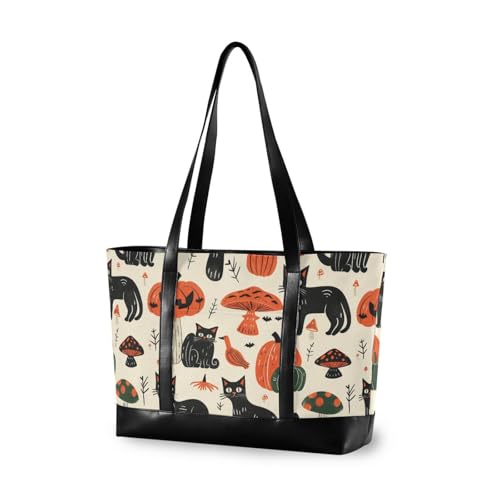 Halloween Cats Pumpkins Mushrooms Bold Linework Style trendy work bag with laptop compartment with zipper tote for gym with bolsos para mujeres