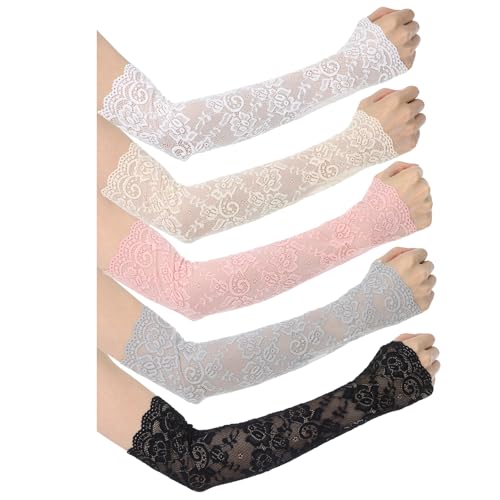 5 Pairs Women Lace Arm Sleeves Fingerless Arm Sleeve Floral Hollow Arms Cover Warmer Elbow Length Lace Sleeves to Cover Arms for Women