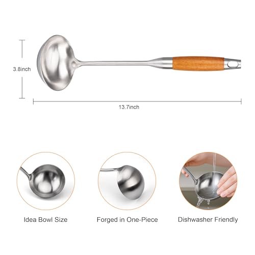 FJNATINH Soup Ladle, Stainless Steel Ladle with Heat Resistant Wooden Handle, Food Grade Metal Cooking Soup Spoon Kitchen Tools, Easy to Clean