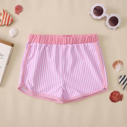 Image of Ritatte Girls Rash Guard Swimsuit 2 Pieces Stripe Bathing Suit Long Sleeve Rashguard Beach Shorts Summer Swimwear 7-12T(Pink,10-11T(150))