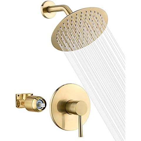 sumerain Brushed Gold Shower Faucet Set with 8 Inches Stainless Steel Rain Shower Head, Solid Brass Rough In Valve Cover