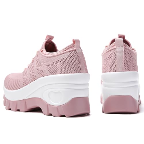 Image of Women's Chunky Platform Comfort Orthopedic Wedge Walking Shoes Fashion Knitted Breathable Lace Up Lug Sole Casual Non-Slip Running Shoes with Arch Support