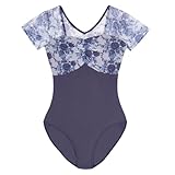 Combinaison De Ballet Justaucorps de Ballet femme faux deux pièces justaucorps de danse à fleurs col en V maille épissure manches courtes justaucorps de gymnastique justaucorps de Ballet pour les occa
