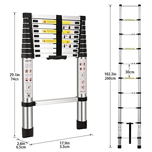 (8.5Ft/2.6M) Telescoping Ladders，En131Standards Multi-Purpose Folding Aluminum Extension Ladder #TOP1