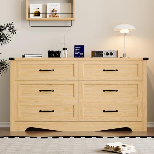 Image of BORNOON 6-Drawer Dresser for Bedroom, Modern Wooden Chest of Drawers with Metal Handles, Anti-Tipping Design, Sturdy and Stable Storage Organizer for Living Room, Entryway, Home Office