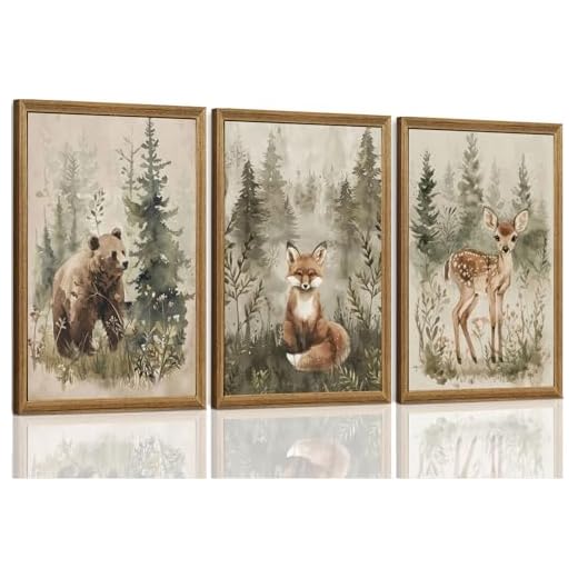 ICHZUMW Woodland Nursery Decor Wall Art Set of 3, Cute Forest Animals Canvas Prints Bear Fox Deer Pictures, Nature Watercolor Paintings for Baby Room Kids Bedroom Playroom, Neutral Artwork, 16x24in