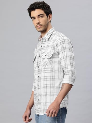 Image of Majestic Man Men's Pure Cotton Cargo Checkered Shirt with Dual Flap Pockets - Slim Fit | Full Sleeve | Casual Wear | Trendy & Comfortable