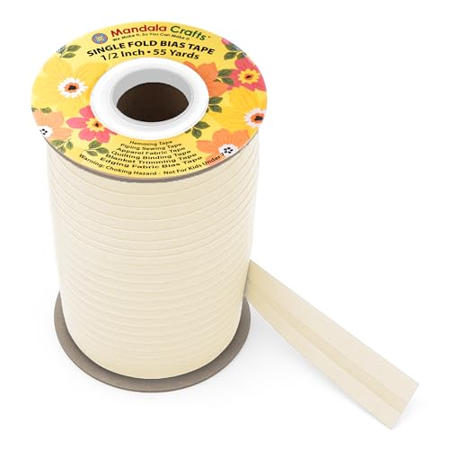 Mandala Crafts 1/2 Inch Single Fold Bias Tape for Sewing Quilting Piping Hemming Blanket & Quilt Binding 55 Yards Cream Fabric Seam Binding Tape