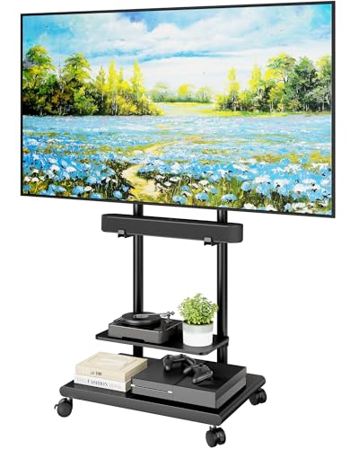 ECOTINY Steel Base Rolling TV Stand with Soundbar Mount for 37-75 inch TVs up to 154lbs, Swivel&Tilt Mobile TV Stand with Large Storage, Height Adjustable Heavy-Duty TV Cart, Max VESA 600x400mm, Black