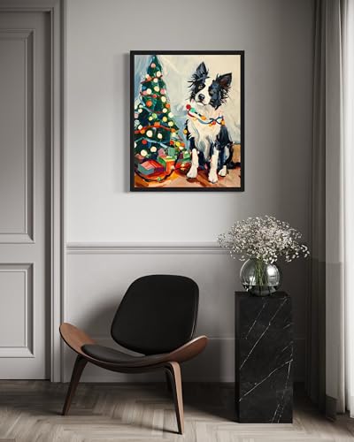 Image of Border Collie Christmas Black Framed Wall Art Print Poster, Dog Pet Lover Picture Painting Artwork Bedroom Living Room Office Dining Room 150D (Border Collie Christmas, 10 inch L x 8 inch W, Black Frame)