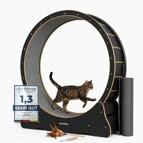 noviclass Katzenlaufrad Baghira Groß XXL | 132 cm Durchmesser für alle Katzen | Inklusive Anti-Vibrationsmatte | Kurzfloriger Teppich in 2 Farben zur Auswahl (Schwarz mit grauem Teppich)