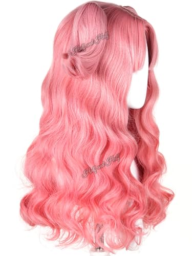 Image of Half and Half Tetia Cosplay Wig Peach Pink Anime Curly Ponytail Wig with Bangs Long Pink Wave Wigs for Women MagicGirl Wizard Halloween Party Daily