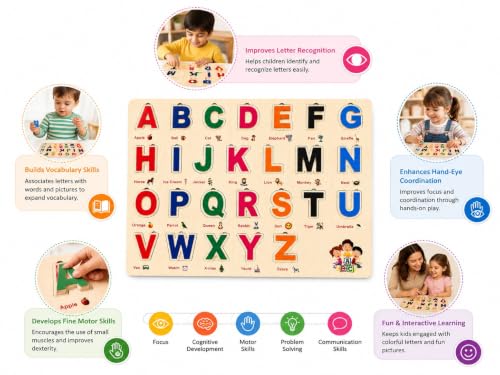 Image of Wooden Name Puzzle for Toddlers 2+ Years | Montessori Letter Matching & Name Recognition Learning Toy | Alphabet Educational Puzzle for Preschool Boys & Girls (Alphabets)