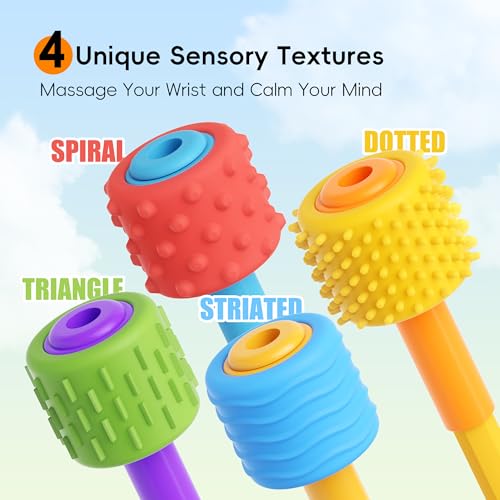 4 in 1 Pencil Fidgets for ADHD & Autism Anxiety Relief,60s Continuous Spin Pencil Topper with Textured Spinners,Silent Sensory Stress Relief Tool for Focus & Calm,Fidget Pen Flipper for Home&Classroom