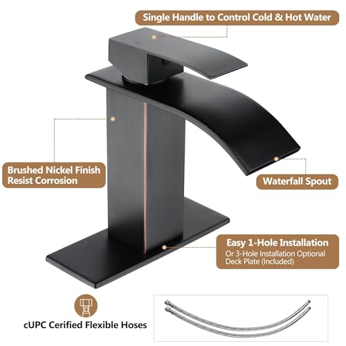 Fransiton Oil Rubbed Bronze Waterfall Bathroom Faucet Lavatory Single Handle 1 Or 3 Hole Bathroom Sink Faucet Washbasin Faucet With Deck And Pop-Up Drain thumb #2