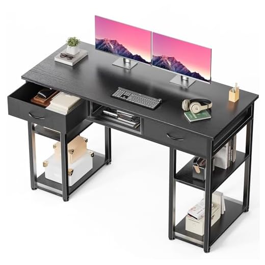 DUMOS 48-Inch Computer Desk with Drawers and Hook, Black