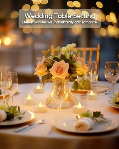 Image of merrynights LED Candles, 50Pack Tea Lights Candle Battery Operated Bulk, Flameless Tealight Candle, Realistic Tea Lights for Christmas Halloween Wedding Diwali Decor, 1.5'' D X 1.25'' H, Warm Yellow