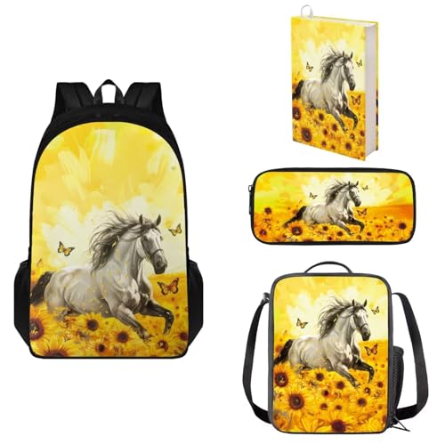 POLERO Yellow Sunflower Horse Backpack for Girls 10-12 Bookbag with Lunch Box Pencil Case Book Cover School Bag Set 4Pcs for Teen Back to School Travel2