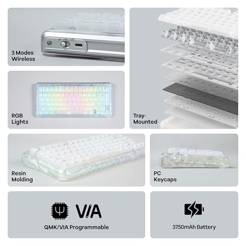 Image of KiiBoom Jade75 75% Resin Molding Mechanical Keyboard, BT5.0 /USB-C /2.4GHz Wireless Gaming Keyboard, QMK&VIA Programmable, RGB Backlits, Hot-Swappable, CNC+UV Case for Windows /Mac /Linux (White)