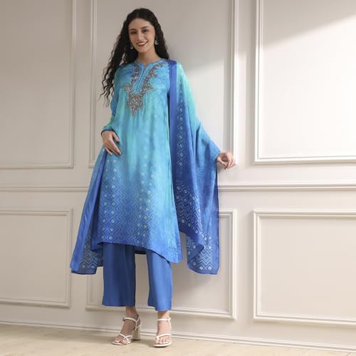 Image of BIBA Printed Modal Straight Festive Kurta With Palazzo and Dupatta