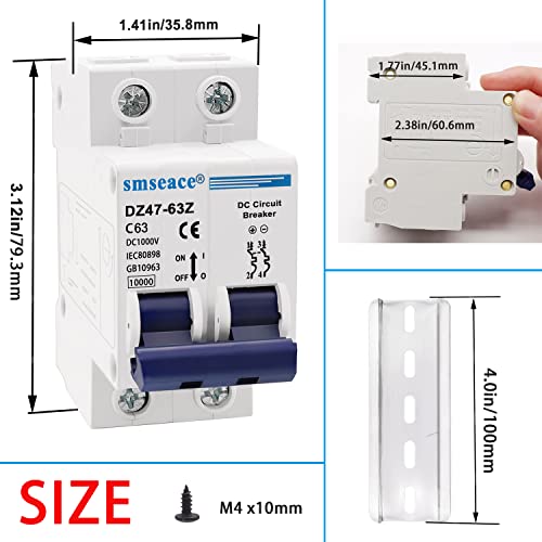 Smseace Dc Miniature Circuit Breaker 1000V Low Voltage Dc 63A 2 Poles Air Switch Din Rail Installation Suitable For Solar Pv System Dz47-63Z-1000V-C63 #TOP1