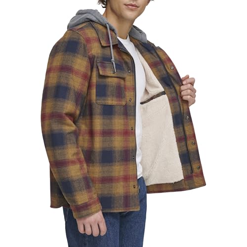 Image of Levi's mens Plaid Sherpa Lined Hooded Shirt Jacket (Regular & Big & Tall Sizes)