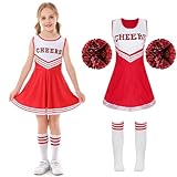 Cnexmin – Disfraz de animadora para niñas, Uniforme de pompón y niña, disfraz con pompones, mangas, disfraz de cheer líder halloween carnaval, 3 – 12 años, rojo, 160 cm