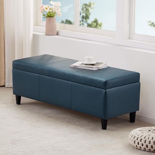 Image of HUIMO Faux Leather Storage Ottoman Bench 50.3 Inch Extra Long PU Upholstered Bedroom Bench with Large Storage Space for The Living Room, Entryway, Bedroom Hold Up to 300lbs (Peacock Blue)