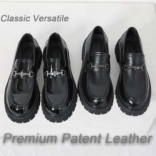 Men's Patent Leather Platform Slip On Loafers, Classic Round Toe with Metal Horsebit Business Casual Formal Work Penny Shoes3