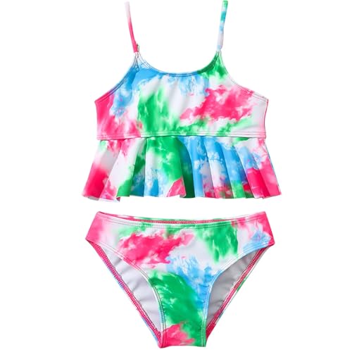 Girls Two Piece Swimsuits Tie Dye Bathing Suits Spaghetti Strap Ruffle Flounce Tankini Bikini Beach Sport Swimwear Set