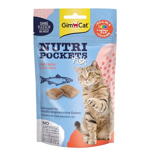 GimCat Nutri Pockets Fisch Lachs - Knuspriger Katzensnack mit funktionalen Inhaltsstoffen - 1 Beutel (1 x 60 g)