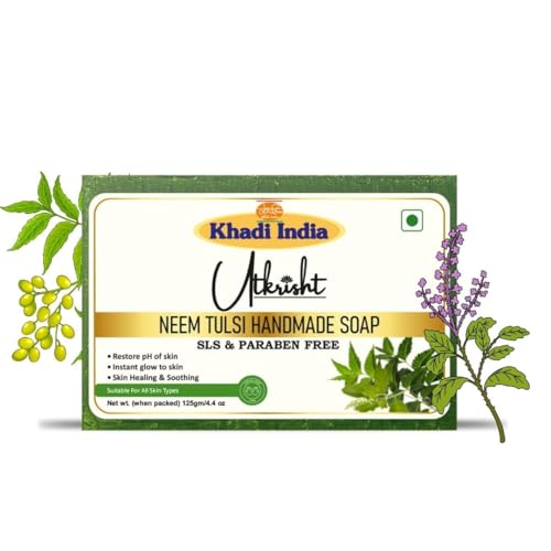 Image of Khadi Neem Tulsi Handmade Bathing Soap Bar 125g (Pack of 4) | Natural Deodorizer & Herbal Soap | Removing Dirt & Impurities | Deep Cleansing for Glowing & Brightening Skin | All Skin Types