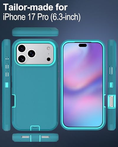 Image of for iPhone 17 Pro Case with Port Cover, Rubber Matte, Teal | 3-Layer Heavy Duty Armor, 16ft Drop Protection, Non-Slip Shockproof & Anti-Fingerprint