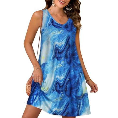 CHICGAL Womens Summer Dresses Casual Sleeveless Loose T Shirt V Neck Sundress Swing Beach Cover Up with Pockets Small Blue Starry Sky