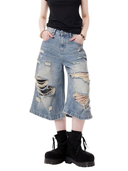 Grunge Ripped Jeans Jorts Oversized Acid Washed Jeans Vintage Cropped Pants Baggy Summer Streetwear Unisex
