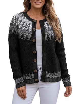 Fair Isle Cardigan Sweaters for Women Long Sleeve Open Front Button Down Vintage Boho Floral Knit Sweater Plus