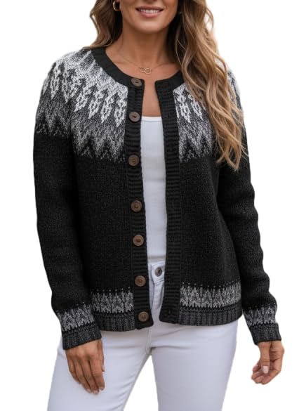 Fair Isle Cardigan Sweaters for Women Long Sleeve Open Front Button Down Vintage Boho Floral Knit Sweater Plus