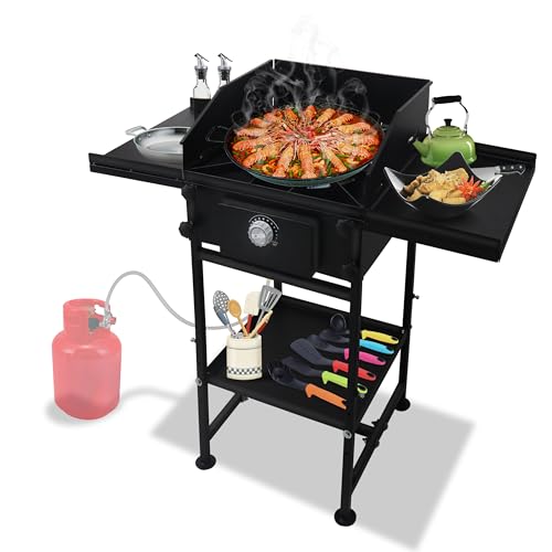 Single Propane Burner Stove -130,000 High btu Propane Burner Camping Stove with Dual Side & Bottom Shelf & Wind Panel Steel Single Burner Propane Stove with CSA-approved 0-20 PSI regulator & hose pipe