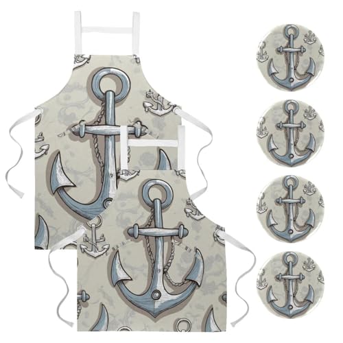 Tabliers de cuisine imperméables lot de 2 avec poches motif ancre grise