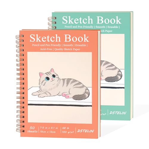 DSTELIN 2 Pack Mini Sketch Books 7.5 x 5.1 Inch Spiral Bound with Hard Cover 50 Sheets per Pad 100gsm Ideal for Sketching and Mixed Media Creations